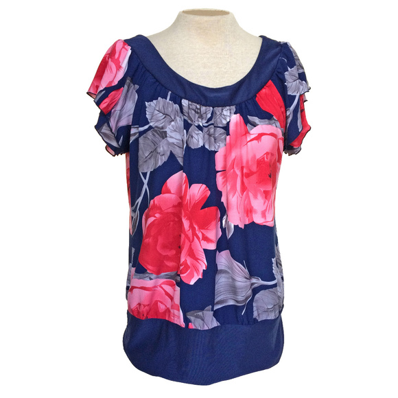 Majora Tops - Majora Navy Blue Pink Rose Floral Ruffle T-shirt L